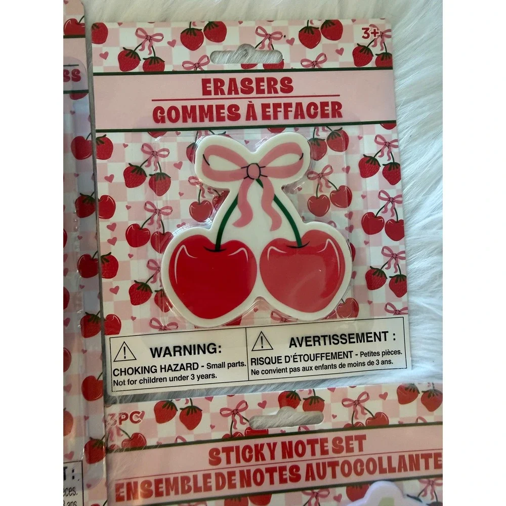 Cherry and Strawberry Stationery Set Pens Highlighters Sticky Notes Erasers 6pc